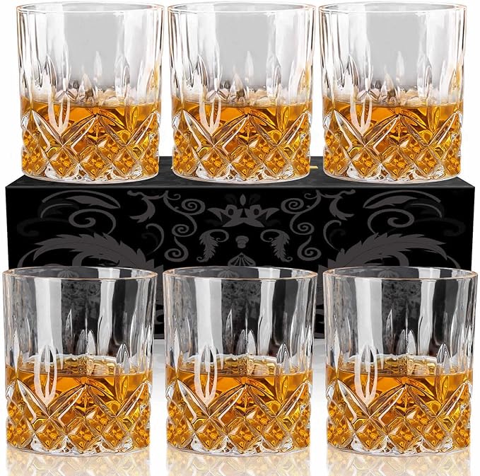 Whiskey Glasses Set of 6, Rocks Glasses, 10 oz Old Fashioned Tumblers for Drinking Scotch Bourbon Whisky Cocktail Cognac Vodka Gin Tequila Rum Liquor Rye Gift for Men Women at Home Bar
