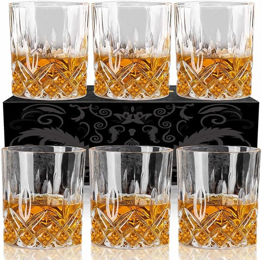 Whiskey Glasses Set of 6, Rocks Glasses, 10 oz Old Fashioned Tumblers for Drinking Scotch Bourbon Whisky Cocktail Cognac Vodka Gin Tequila Rum Liquor Rye Gift for Men Women at Home Bar