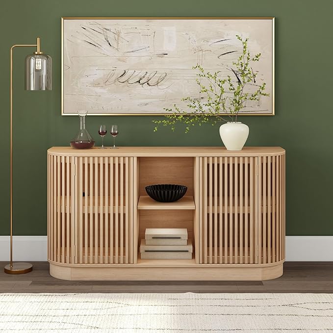 Plank+Beam Contour Wood TV Stand, Two Door Solid Wood Entertainment Console with Storage, 59" L x 16" W x 30" H, Blonde