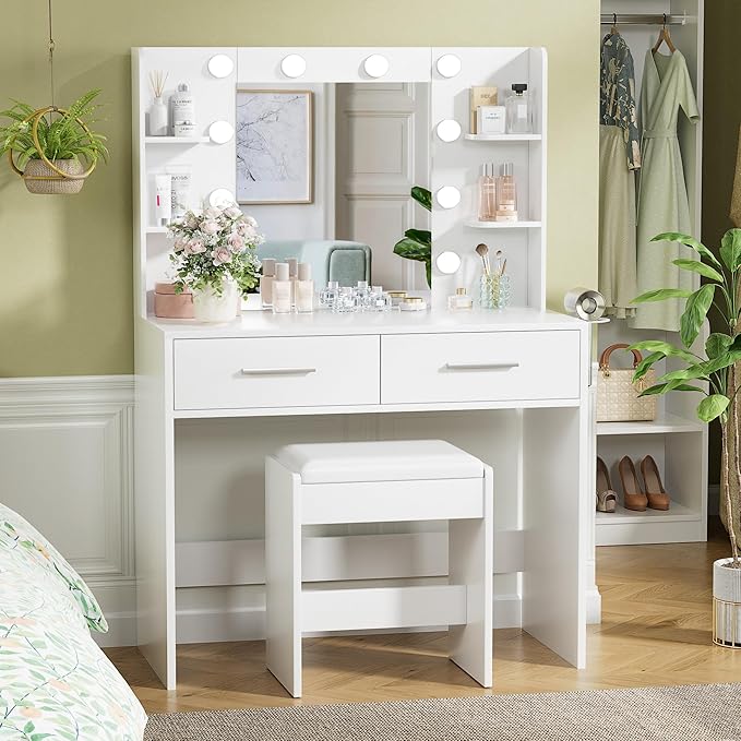 YESHOMY Vanity Desk with Mirror, Makeup Table with 2 Large Drawers, Power Outlet and Round Holder, 3 Color Modes Adjustable Bulb, Bench Included, White
