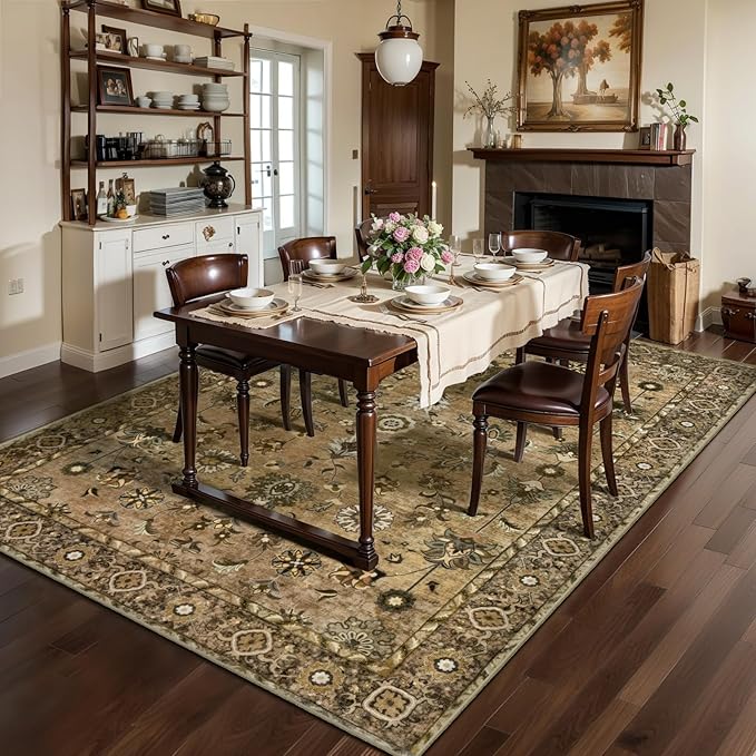 5x7 Area Rug Washable Rug for Living Room, Floral Vintage Rug Indoor Non Slip Large, Print Distressed Brown Carpet, Soft Low Pile Foldable for Bedroom Dining Room Dorm