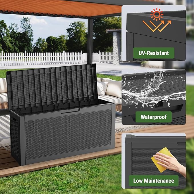 Mars Villa 60 Gallon Outdoor Storage Bench, Deck Box Waterproof Outside Resin Storage Bin for Outdoor Patio Furniture Cushions, Pool Supplies, Garden Tools, UV-Resistant and Weatherproof, Rattan Black