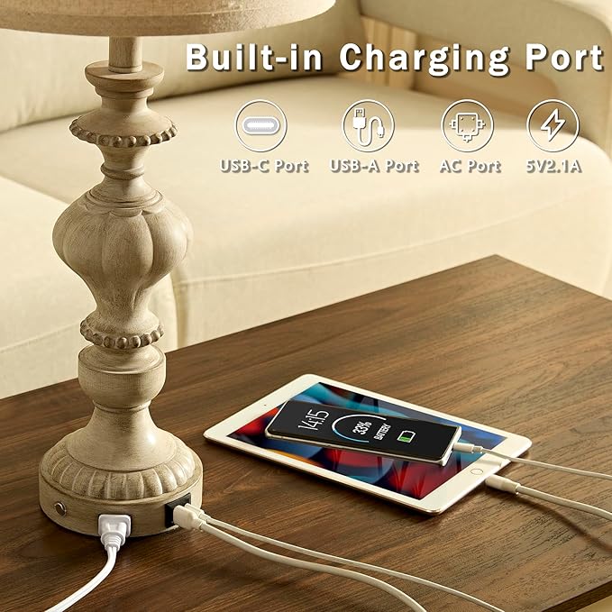 27.5" Farmhouse Table Lamps Set of 2 Bedside Nightstand Lamp with USB C+A Ports & AC Outlet, 3 Way Dimmable Touch Lamps for Bedroom Living Room Office Rustic Lamp (Gray)