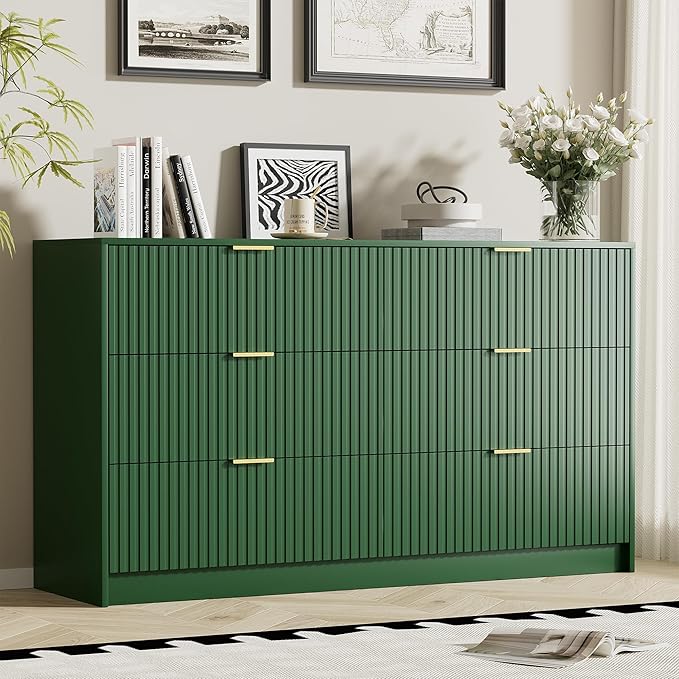 Green Dresser for Bedroom, Modern Dresser with 6 Drawers and Smooth Slides, Wide Chest of Drawers with Golden Handles for Bedroom, Living Room, Closet, 15.7" D x 55.1" W x 31.4" H