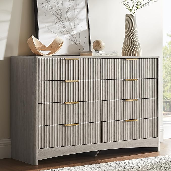 Amada Modern 8 Drawer Dresser, Fluted Wood Chest of Drawers with Rounded Corners, Pre-Installed Drawer Slides, Dresser TV Stand and Storage Organizer for Bedroom, Hallway, Gray