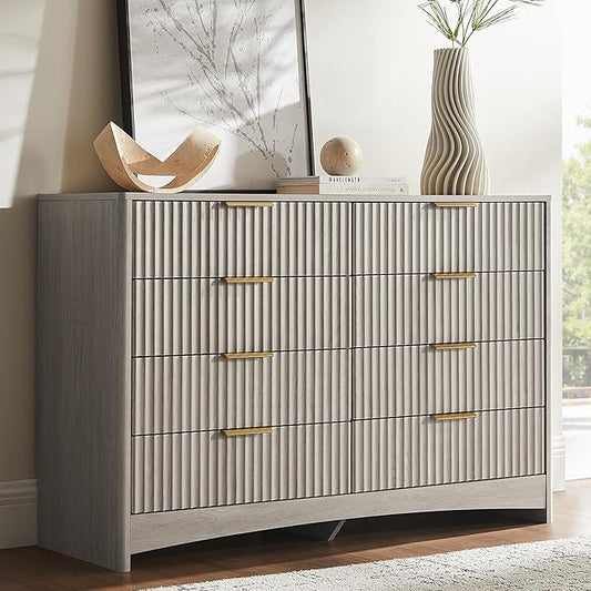 Amada Modern 8 Drawer Dresser, Fluted Wood Chest of Drawers with Rounded Corners, Pre-Installed Drawer Slides, Dresser TV Stand and Storage Organizer for Bedroom, Hallway, Gray