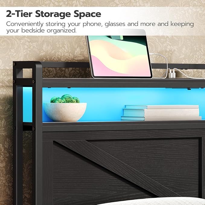 HOOBRO Headboard Queen Size, Headboard with Charging Station and LED Light Strip, 2-Tier Queen Storage Headboard with Outlets and USB Ports, Industrial Style, for Queen Size Beds, Black