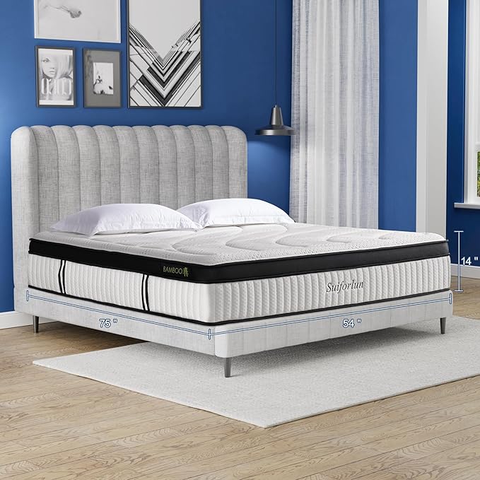 Suiforlun Full Size Mattress, 14 Inch Gel Memory Foam Hybrid Full Mattress in a Box with Pocket Springs, Euro Top Luxury 7 Premium Layers, Cooling Comfort & Pain Relief, Medium-Firm