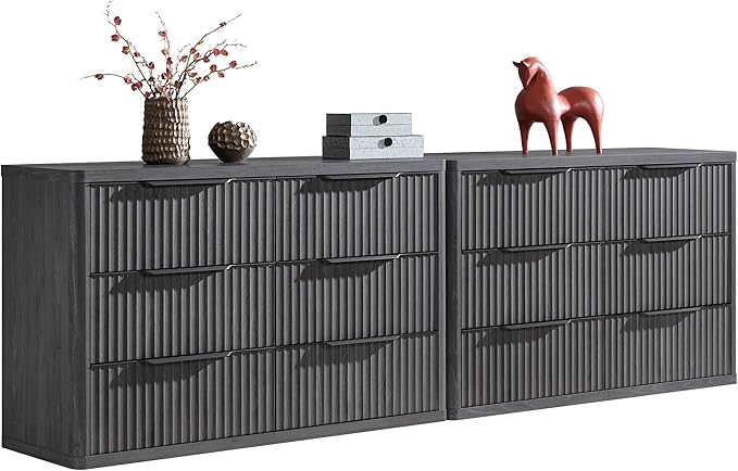 SICOTAS Dresser for Bedroom 6 Drawer Dressers & Chests of Drawers for Closet Long Large Modern TV Stand Set for Clothes Storage Fluted Wide Clothes Closet for Hallway Entryway, Dark Grey Alder