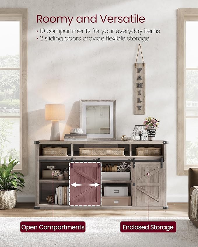 VASAGLE TV Stand for TVs up to 65 Inches, Farmhouse Entertainment Center with Sliding Barn Doors, TV Console Table for Living Room, Heather Greige ULTV322K02