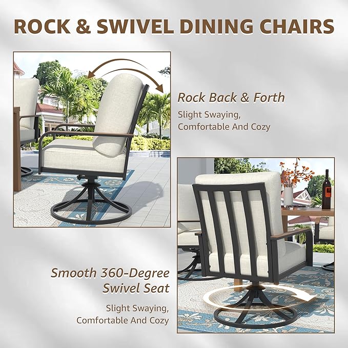 NATURAL EXPRESSIONS 5 Piece Outdoor Patio Dining Sets, 4pcs Swivel Dining Chairs & Square Woodgrain Dining Table with 1.65”Umbrella Hole for Lawn, Garden, Deck, Backyard and Porch