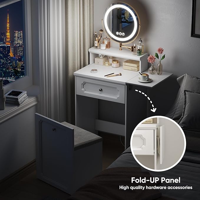 3 in 1 Small Vanity, Makeup Vanity Desk with Rotatable Mirror and Lights, White Make Up Vanity Table with 3 Adjustable Lighted and Chair for Compact Space, Corner Mini Makeup Table with Fold-up Panel