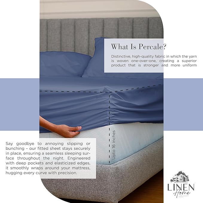 Linen Home 100% Cotton Percale Sheets Queen Size, Dark Blue, Deep Pocket, 4 Pieces Set - 1 Flat, 1 Deep Pocket Fitted Sheet and 2 Pillowcases, Crisp Cool and Strong Bed Linen