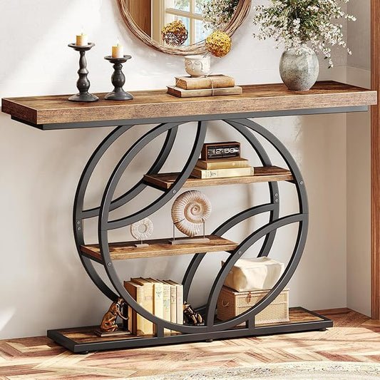 Huuger 47.2 Inch Entryway Table, Industrial Console Sofa Table with Storage, Accent Table with Shelves, for Entry, Hallway, Entrance, Foyer, O-Shaped Metal Frame, Rusitc Brown
