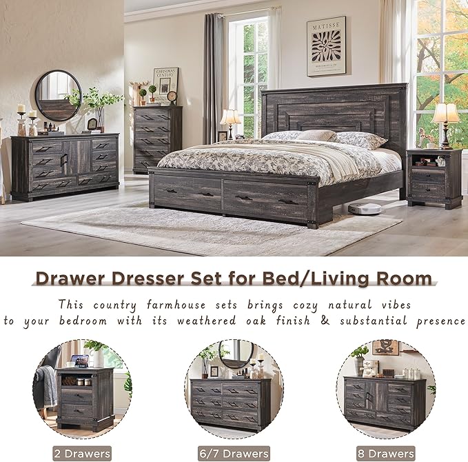 T4TREAM Farmhouse 5 Drawers Dresser for Bedroom, 48" Tall Wood Chest of Drawers w/Natural Texture & Metal Handle, Rustic Storage Dressers Organizer for Living Room, Hallway, Dark Rustic Oak