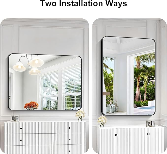KOCUUY 36"x48" Large Rectangle Vanity Mirror, Black Metal Frame Mirror with Rounded Corner, Modern Design of Upgraded Shatterproof Glass for Bathroom, Bedroom, Living Room, Entryway