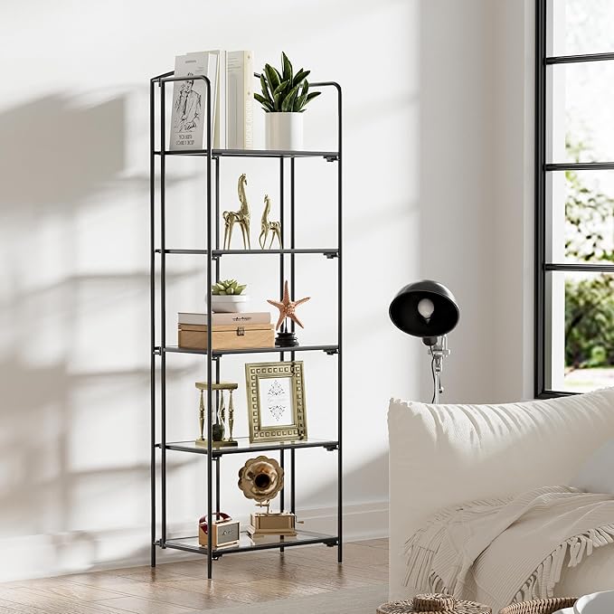 Crofy No Assembly Folding Bookshelf for Living Room, 5 Tier Black Collapsible Book Shelf for Home Office, Portable Bookcase Storage Organizer