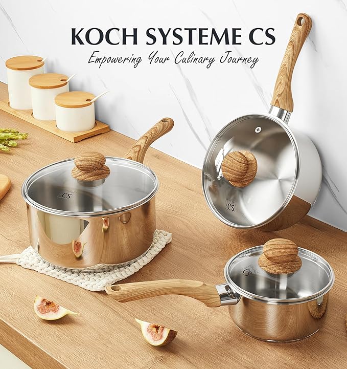 KOCH SYSTEME CS Stainless Steel Saucepan, Durable 1QT Stainless Steel Pot with Triple-Layer Base, Sauce Pan with Lid & Stay-Cool Handle, Small Pot 1 Quart, Induction Compatible