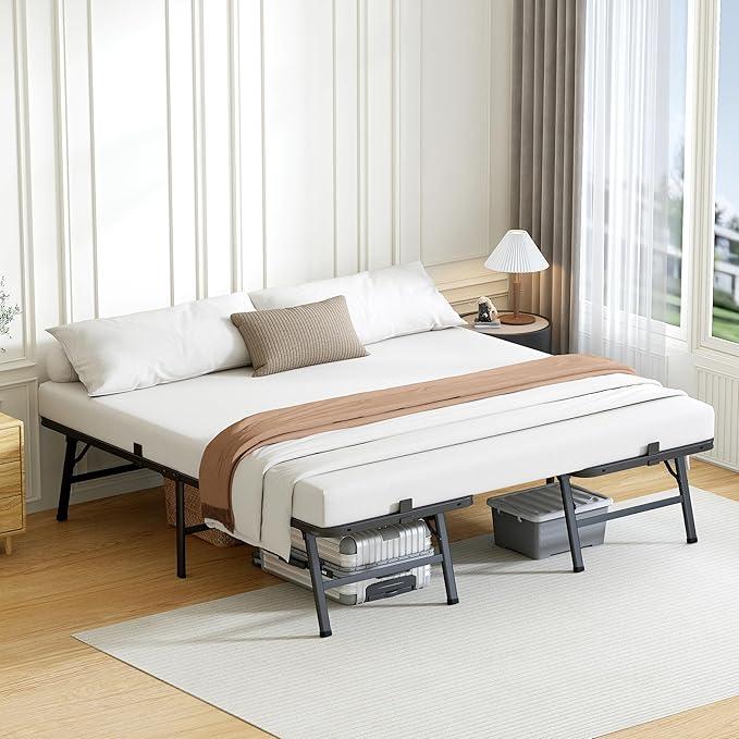 14 Inch California King Metal Bed Frame Folding Bed Frame Tool-Free Assembly Mattress Foundation No Box Spring Needed Platform 2500lbs Heavy Duty Steel Slats, Noise-Free, Easy Assembly, Black
