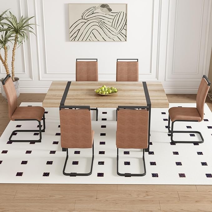 Dining Table Chairs Set for 6, Modern Rectangular Dining Room Table Set PU Leather Upholstered Dining Chairs 71" Dinner Table Set for Kitchen, Dining Room (71 Inch Brown Table+6 Chairs)