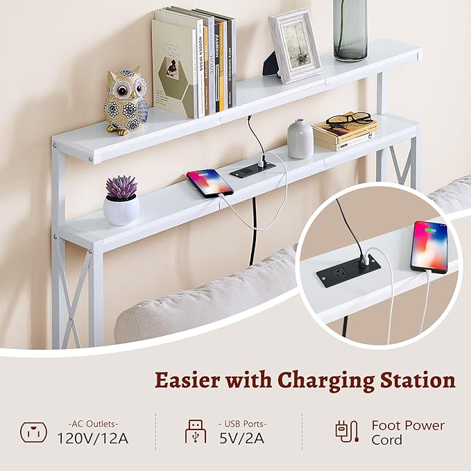 FAVOOSTY 46.8" Skinny Console Table with Charging Station and LED Light,5.9" Narrow Sofa Table with Power Outlets and Type C & USB Port, Behind Couch Table for Living Room, Hallway, EntryWay, White