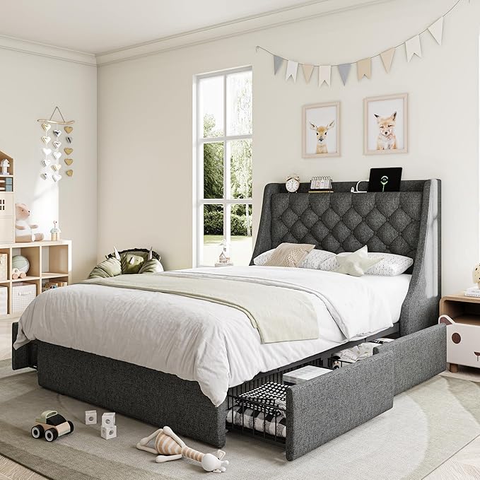 Twin Bed Frame with 4 Storage Drawers, Giant Upholstered Wingback Headboard, Fast Charging Station, No Box Spring Needed, Noise-Free, Dark Gray
