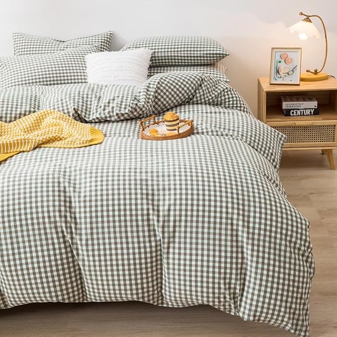 mixinni Green Gingham Comforter Set Twin XL, Plaid Comforter Set 3 Pieces 1 Green Grid Comfoter with 2 Pillow Cases for All Seasons, Soft Fluffy Modern Grid Pattern Printed Bedding-Twin XL Size