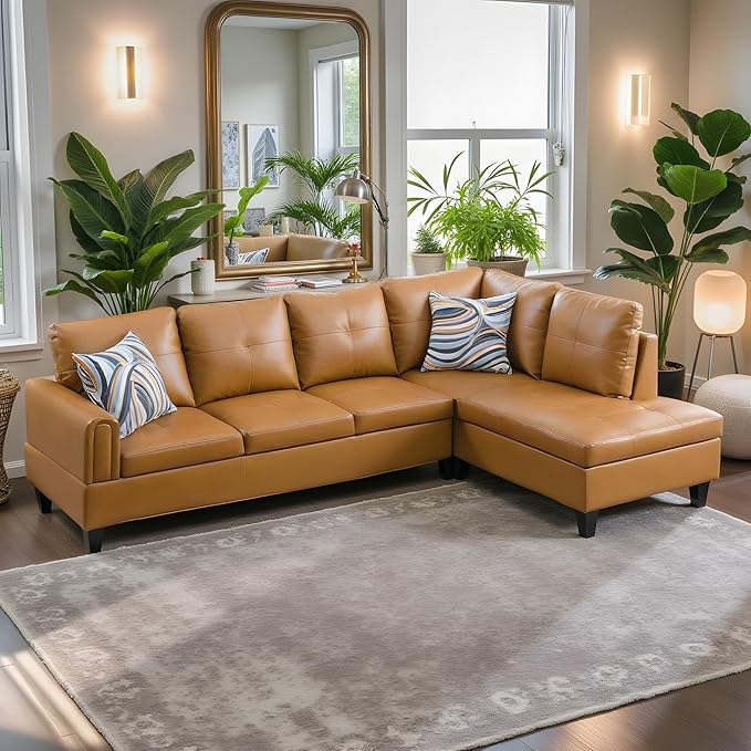 NicBex Sectional Couch 2 Pieces 66.5" L Sofa with Right Chaise Faux Leather L Shaped Cloud Couch for Living Room Furniture Sets with Cushion, Modular Sofa for Living Room & Small Apartment, Ginger