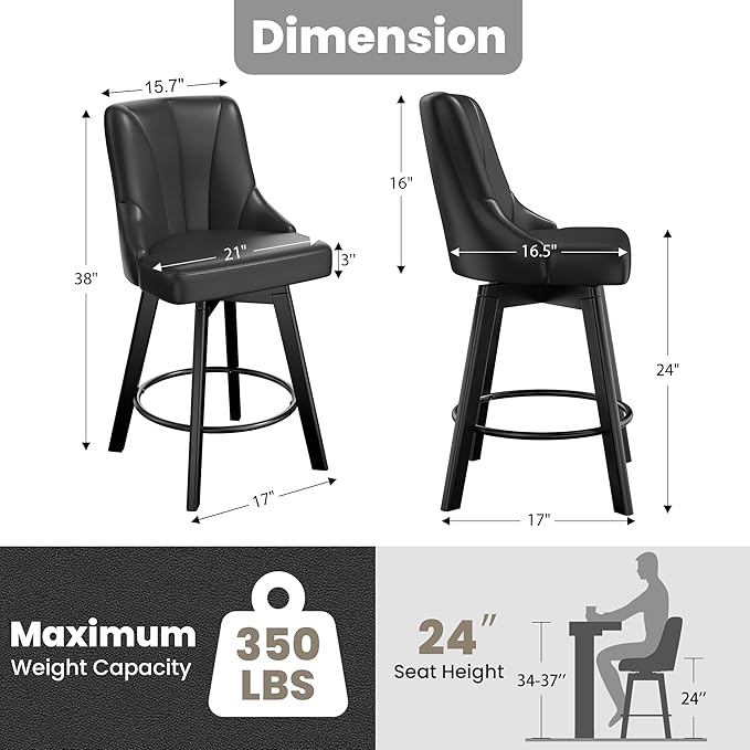 Swivel Bar Stools with Backs, 24" Counter Height Barstools Set of 8, Fabric Upholstered Counter Bar Stools with Solid Wood Legs for Kitchen Island, Home Bar, Black