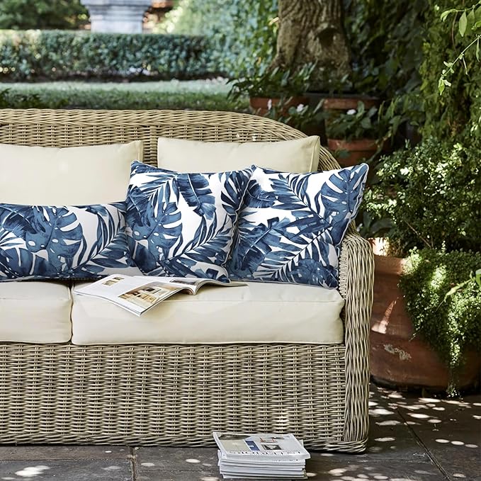 LVTXIII Set of 2 Patio Throw Pillows Waterproof 16"x16" Fade Resistant Outdoor Throw Pillows with Inserts, Fluffy Decorative Garden Toss Pillow Cushions for Home Patio Coach Sofa Use, Palms Blue