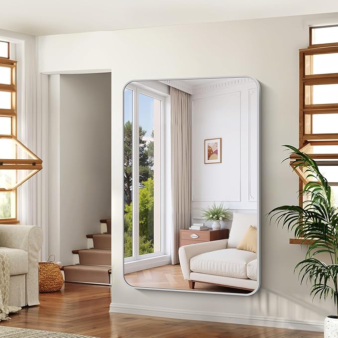 60x40 Inch Silver Bathroom Mirror, Large Rectangle Mirror, Metal Framed Rectangular Vanity Mirror, Rounded Corner Wall Mounted Mirror for Living Room Bedroom Entryway Horizontal or Vertical