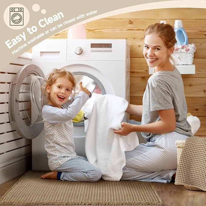 Waffle Runner Rug Bathroom, Long Boho Bathroom Rugs Non Slip Washable Super Absorbent Quick Dry Farmhouse Bath Decor, 60"x24" Khaki