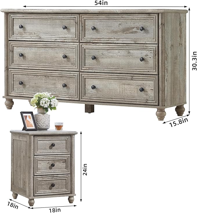 Farmhouse Dressers & Night Stand Set of 3, Wood 54'' Wide Dresser & 18'' Chest of Drawers, Roman Column 3 Drawers Nightstand Set of 2, Bedroom Furniture Dresser Suites for Living Room, Hallway Home