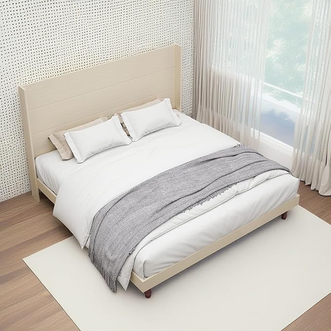 GDFStudio Tall Headboard King Size Bed,Platform Bed Frame with High Back,Wooden Slat Mattress Support No Box Spring Needed Easy Assembly Minimalist Designs 54" H Beige