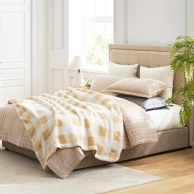 Cozy Bliss Ultra Soft Reversible Double Sherpa Sided Blanket, Buffalo Plaid Throw Blanket Fluffy Thick Warm Plush Fuzzy Blanket for Couch, Bed and Gifts (Beige, 60" x 80")