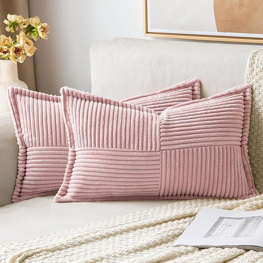 MIULEE Decorative Lumbar Throw Pillow Covers for Couch Bed Livingroom 12x20 Inch Set of 2 Pink Boho Accent Throw Pllows Broadside Striped Patchwork Soft Corduroy Pillowcases