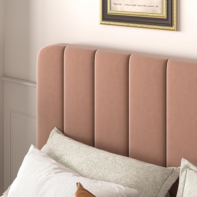 VECELO Full Size Bed Frame with Upholstered Headboard, Velvet Platform Bedframe Mattress Foundation, Strong Wood Slat Support, No Box Spring Needed,Tan Brown