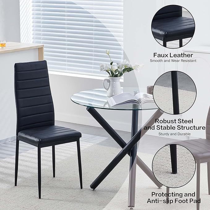 5-Piece Round Glass Dining Table Set for 4 Modern Kitchen Table with 4 Dining Chairs Set Round Circle Table and PU Upholstered Chairs Set for Small Space (Silver Black, 5 Pieces Set)
