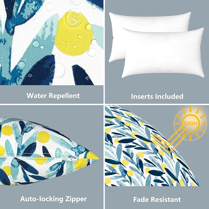 LVTXIII Outdoor/Indoor Lumbar Pillows, Decorative Patio Lumbar Cushions, Fluffy Water Repellent Garden Cushions for Home Patio Coach Sofa Use, 12×20 Inch, Pack of 2, Leaves Multi