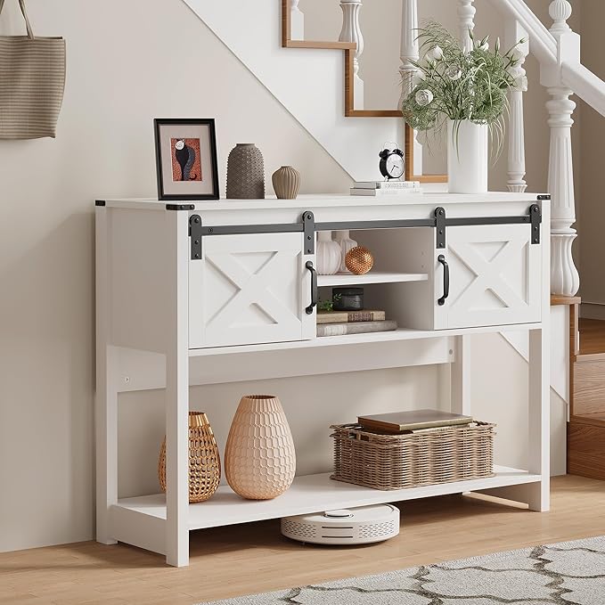 RoyalCraft Console Table with Storage Shelf & Sliding Barn Door, Farmhouse Entryway Table with Storage, 46" Narrow Long Sofa Table, Console Tables for Living Room, Entryway, Foyer