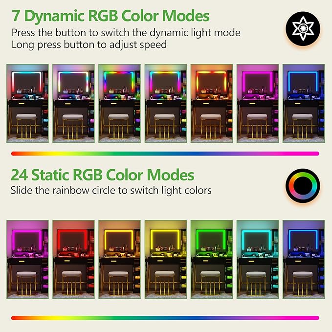 HENBC Vanity with Mirror and LED Lights, Glass Top Vanity Desk with Charging Station(Wireless+USB+Type-C), RGB Makeup Table Set with Stool/Makeup Organizer/6 Drawers for Bedroom,Black