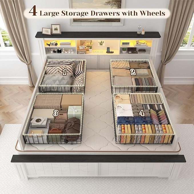 EnHomee Full Size Bed Frame with Headboard and Storage, 4 Drawers and LED Built in Charging Station Full Bed Frame with Storage Farmhouse,NO Noise,No Box Spring Needed,White