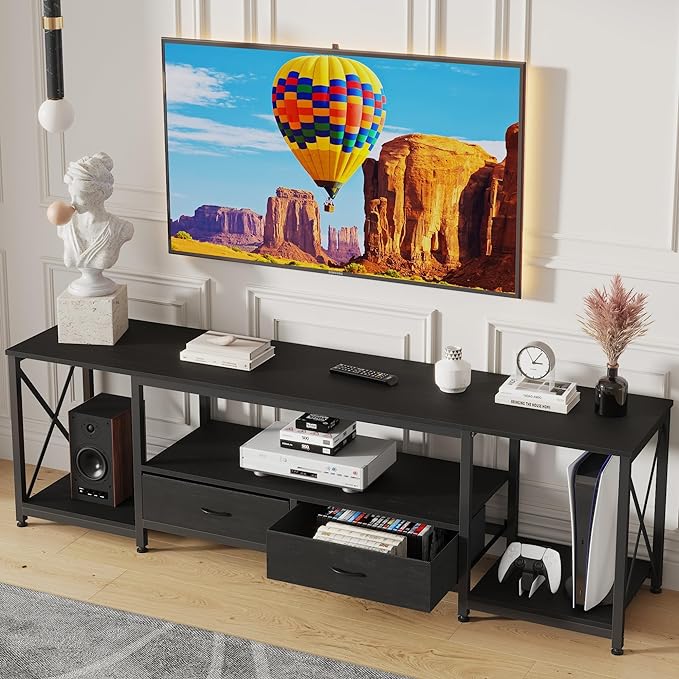 TV Stand with Fabric Drawers for 75 80 Inches TV - Entertainment Center and Industrial TV Console Table with Open Storage Shelves for Living Room, Bedroom- 71.5" Black