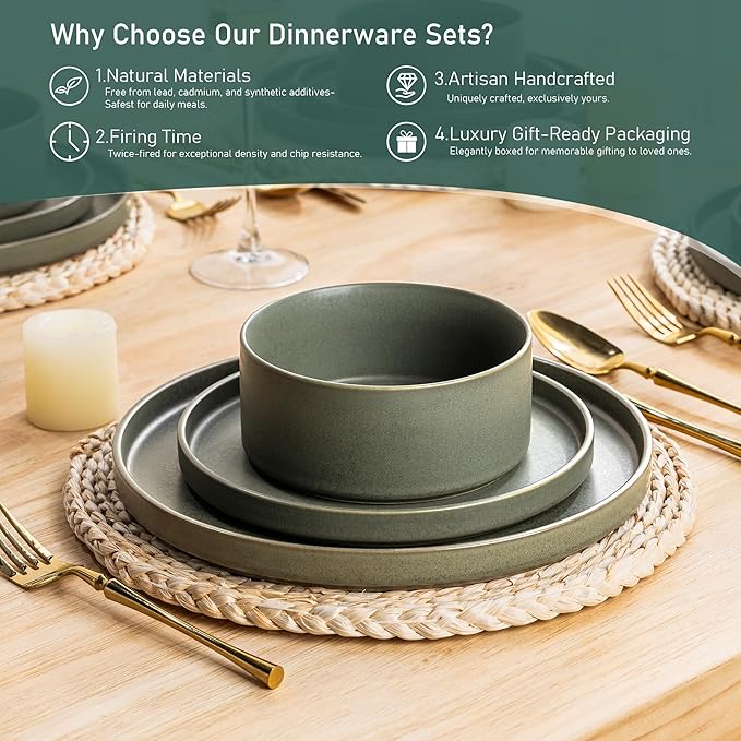 GBHOME Ceramic Dinnerware Sets for 4, Stoneware Plates and Bowls Sets, Chip and Scratch Resistant Dishes, Dishwasher & Microwave& Oven Safe Dishes sets, Reactive Glaze-Green