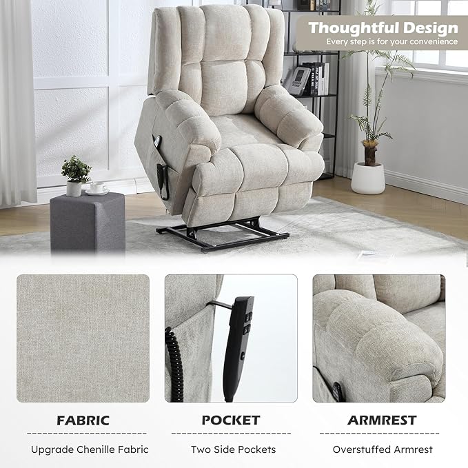 Power Lift Recliner Chair with Massage and Heat for Elderly People, Dual Motor Electric Lift Chair with Power-Remote, Medium-Firm and Heavy Duty, Chenille Fabric - Beige