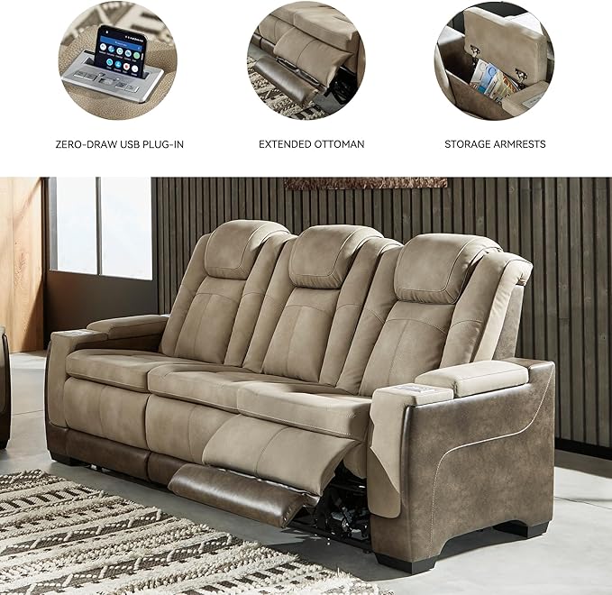 Signature Design by Ashley Next-Gen DuraPella Power Reclining Sofa with Adjustable Headrest, Sand