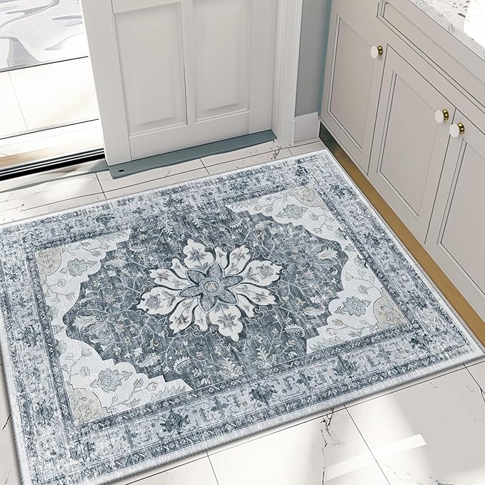 Area Rugs 2'x3' Washable Non-Slip, Floral Vintage Distress Print Pattern Medallion Carpet for Living Room Bedroom Dining Room, Light Gray Grey White