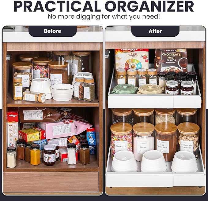 Pull Out Cabinet Organizer – Adjustable Sliding Shelf Inserts for Cabinets - Expandable Shelf Organizer from 12.6" to 20.5" – No Drill or Screw Install (White, 2 pack)