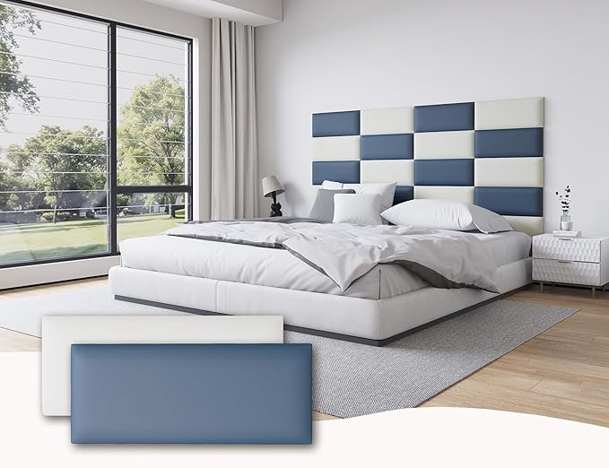 Leather Black and White Upholstered Queen Headboard, 12PCS Peel and Stick Wall Panels, Tufted Bed Backboard for Modern Wall Beds, 10"x24" Each, Leather - Blue and White