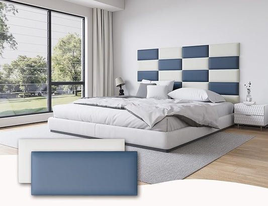 Leather Black and White Upholstered Queen Headboard, 12PCS Peel and Stick Wall Panels, Tufted Bed Backboard for Modern Wall Beds, 10"x24" Each, Leather - Blue and White